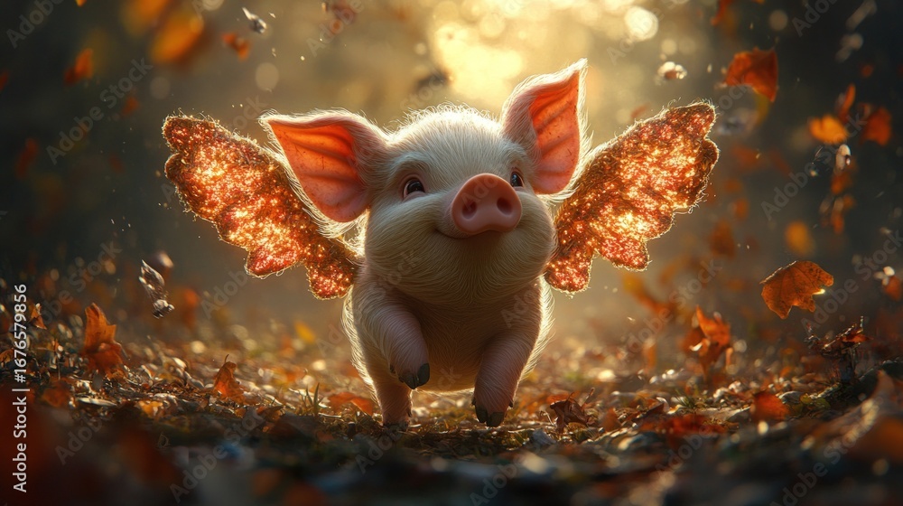 Fototapeta premium Cute pig with wings amidst autumn leaves