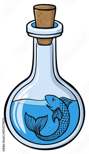 Blue fish swimming in water inside a clear glass bottle with a cork illustration