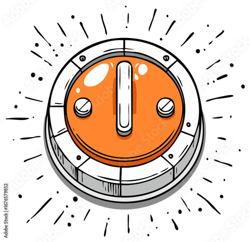 Cartoonish orange push button with a rim and two screws emits an aura with scattered dots and lines.