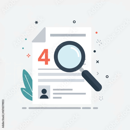 Flat design illustration of a magnifying glass analyzing a personal document or resume with a prominent red number four.