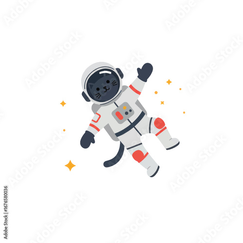 Cute cartoon black cat astronaut in a white spacesuit floating in zero gravity.