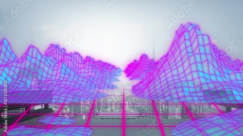 Animation of digital mountains over view of city