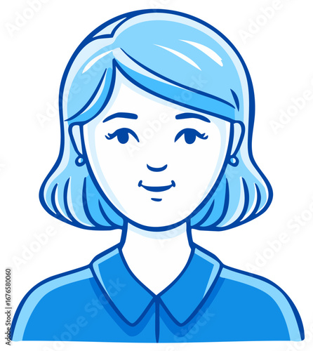 Illustration of a woman's upper body: Head and shoulders character with blue hair, wearing earrings and a shirt.