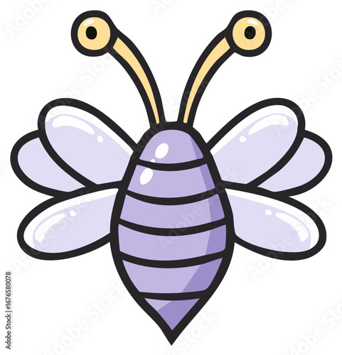 Illustration of a striped purple bee with four wings and yellow antennae with round tips in cartoon style