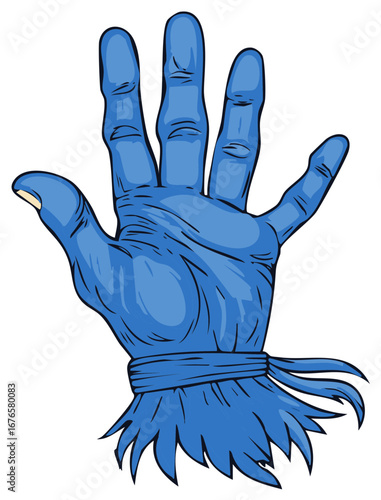 Mystical blue open hand illustration with unique stylized wrist binding and feather-like elements