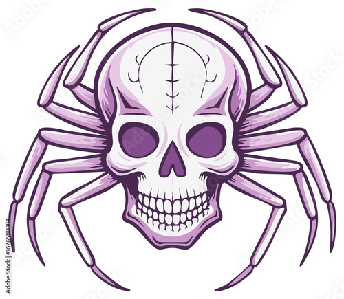 Spooky spider skull illustration, purple gradient art. Halloween or horror theme.