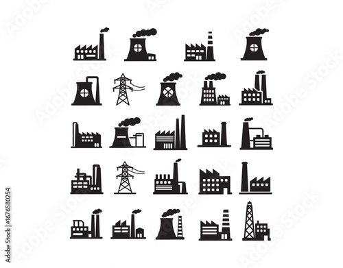 Vector icons showcasing a variety of industrial factory and plant buildings. Includes silhouettes that illustrate power manufacturing.

