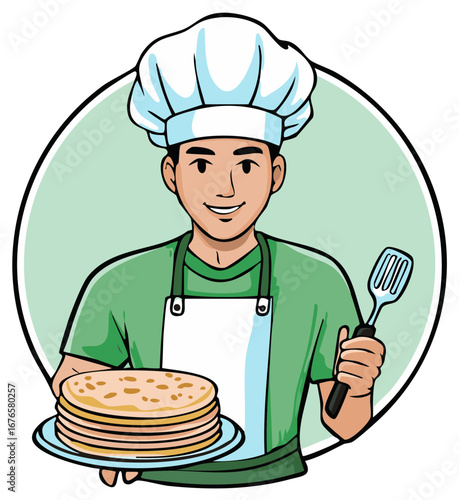 Smiling Cook with Pancakes and Spatula Ready for Baking Cartoon Character