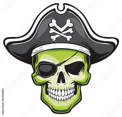 Green pirate skull wearing an eyepatch and tricorn hat with crossed bones emblem cartoon illustration