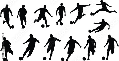 Soccer player silhouettes, football action poses, athlete kicking ball, sports vector design, running dribbling shooting, dynamic movement illustration, black silhouette art
