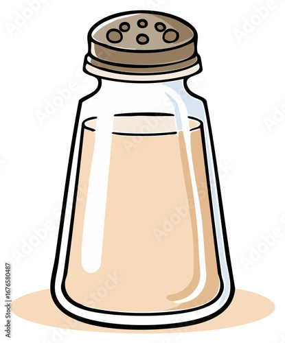 Salt shaker illustration with beige salt inside, brown lid and clear glass container.