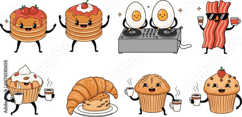 Cartoon breakfast foods with expressive faces—pancakes, eggs, bacon, muffins, croissant—fun morning-themed illustration set for humor, lifestyle, editorial use