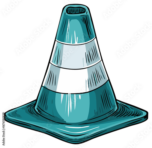 Turquoise safety traffic cone illustration with reflective stripes a drawing for road construction warning