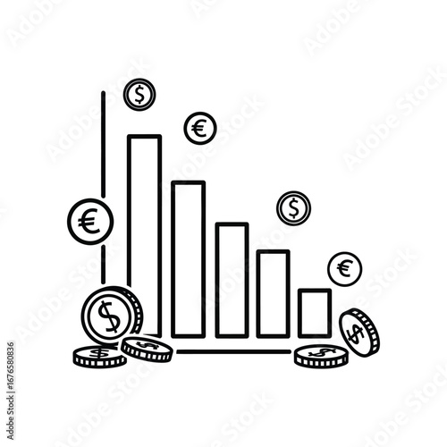 Financial Downturn: A stark visual representation of economic challenges with a downward trending graph and falling currency coins, conveying the concept of financial decline.
