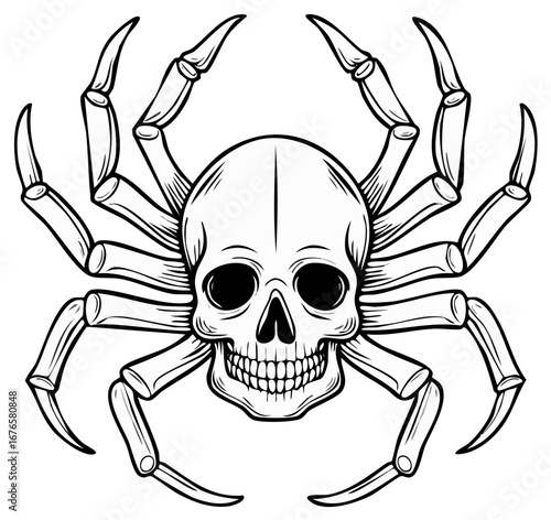 Creepy Halloween Skull Spider, A Spooky Arachnid Fusion with Bony Legs and Macabre Skull Face, A Gothic Symbol for Haunting Horror and Occult Designs