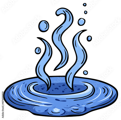 Bubbling blue water with swirling steam and rising bubbles in a simple cartoon style