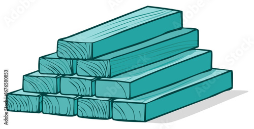 Abstract pyramid stack of teal lumber planks with wood grain texture illustration