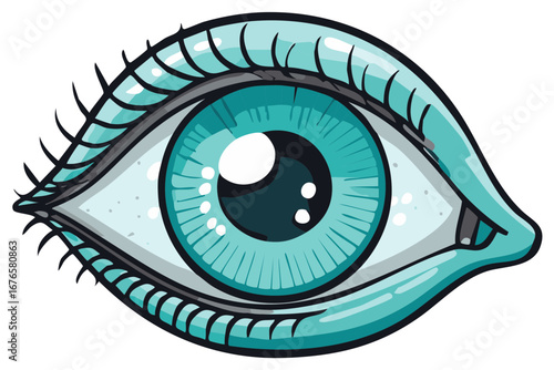 Stylized turquoise eye with long lashes and a detailed iris illustration