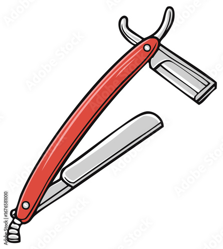 Open Straight Razor with Red Handle Close up Illustration of Traditional Shaving Tool