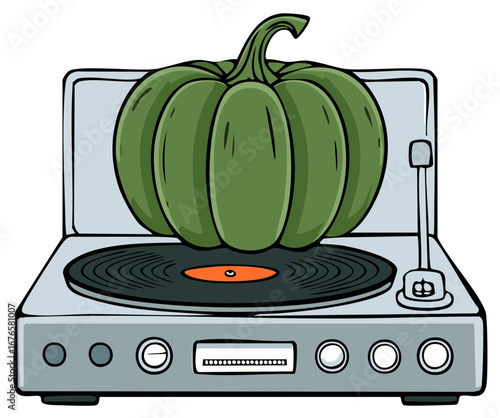 Cartoon Green Pumpkin on Vintage Turntable with Vinyl Record, Retro Halloween Harvest Season