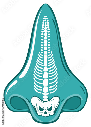 Turquoise nose shape with skeleton and skull inside medical illustration concept