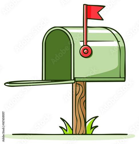 Green mailbox with open door and red flag on wooden post with grass