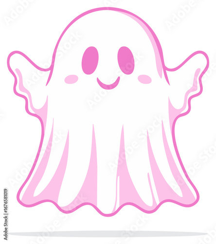 Pink ghost character with rosy cheeks and a friendly smiling expression on a white background.