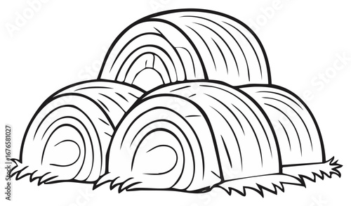 Hay bales illustration outline. Stack of round hay rolls graphic. Farm agriculture design element.