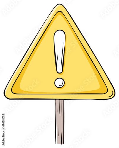 Warning Sign Vector Illustration with Triangular Yellow Sign and Exclamation Mark on Wood Pole Post