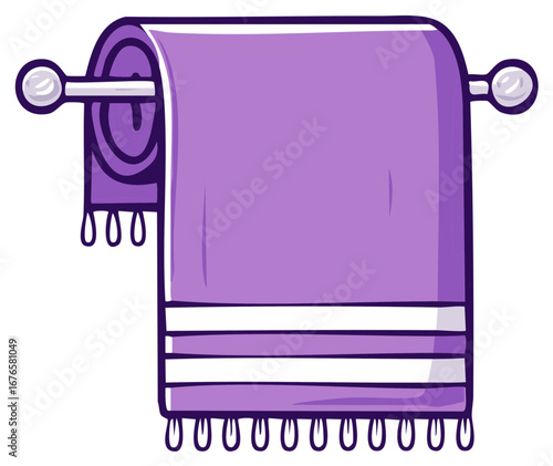 Vibrant purple towel with white stripes and fringe on a metal bathroom rack