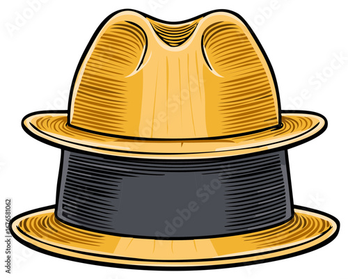 Stylish classic fedora hat in yellow with a gray band, rendered in a detailed vintage illustration.