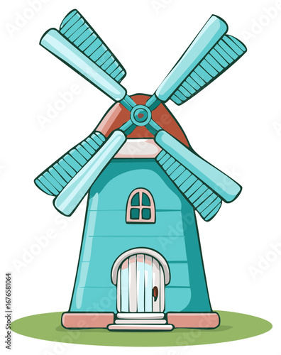 Colorful cartoon illustration of a traditional windmill with rotating blades and architecture details.