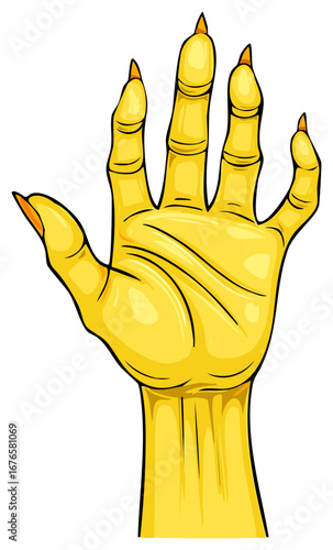 Vibrant yellow cartoon hand of a mythical monster with long sharp claws and pointed fingernails