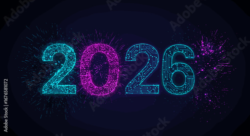 Digital particles create the year 2026 in vibrant colors