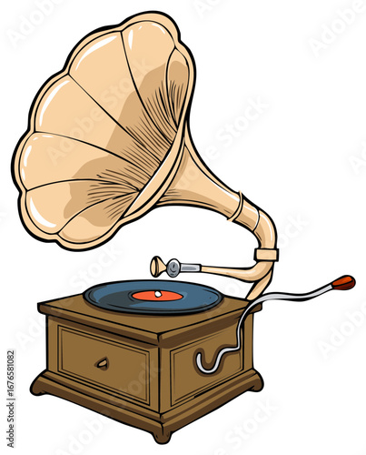 Classic antique gramophone music player cartoon vector illustration