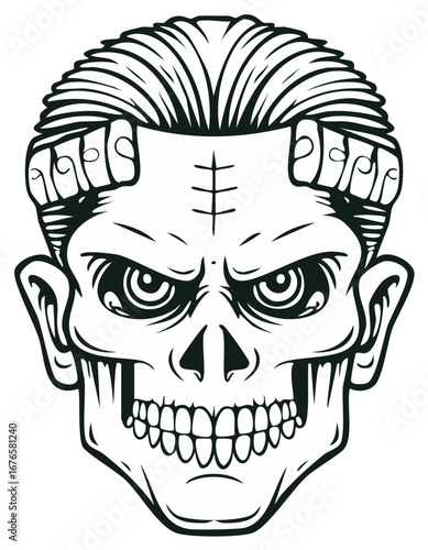 Menacing monster skull head illustration with angry eyes and prominent stitches