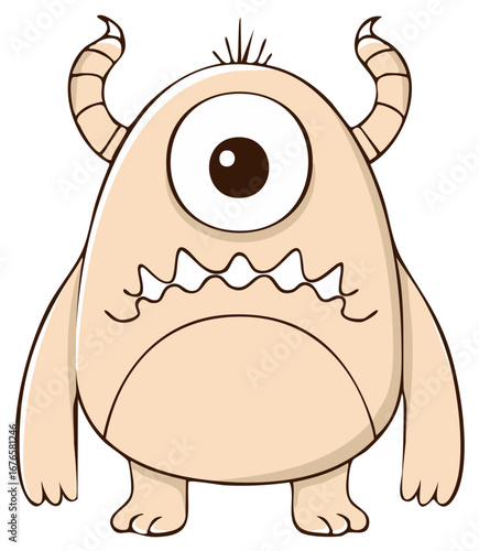 Cartoon One-Eyed Monster with Horns and Sharp Teeth, Cartoonish Character Design