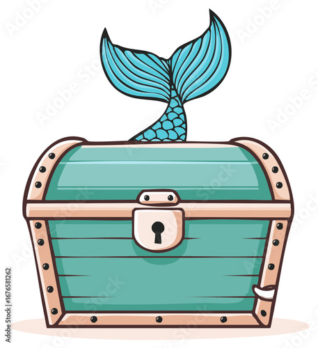 Cartoon treasure chest with mermaid tail. Turquoise and wooden illustration. Underwater theme.
