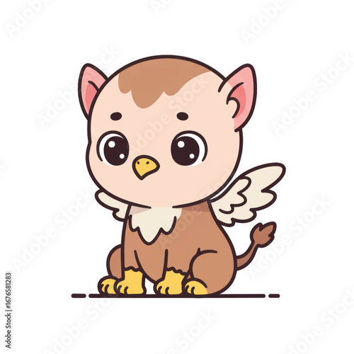 Charming cartoon baby griffin with large eyes a yellow beak and feline ears sitting patiently.