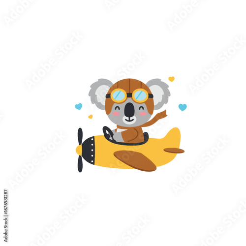 Cute gray koala pilot in a vintage helmet and goggles flying a yellow propeller airplane with a brown scarf.