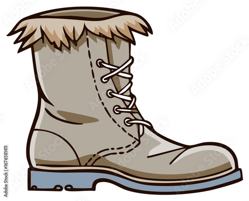 Cartoon illustration of a warm winter boot with fur trim and laces