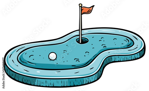 Cartoon Miniature Golf Putting Green with Flag and Golf Ball Isolated Vector Illustration