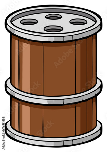 Stylized Wooden Hot Tub Illustration with Metal Detailing and Circular Holes