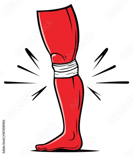 Red leg injury wrapped with bandage and radiating pain lines
