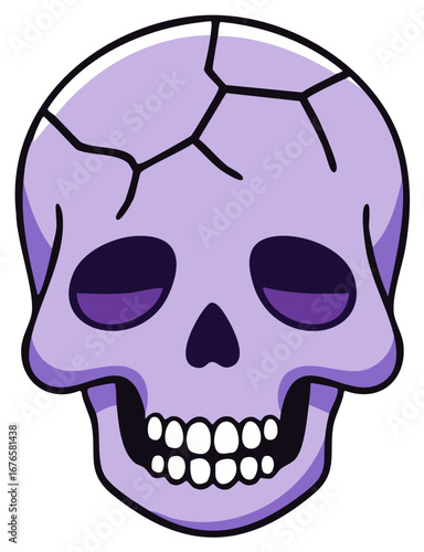 Stylized purple skull with cracked cranium and dark eye sockets, cartoon illustration
