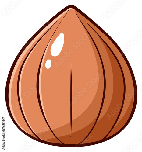 Cartoon illustration of a single hazelnut with a textured shell and shiny highlights