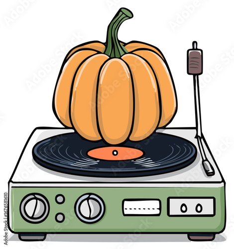 Festive pumpkin sits atop a vintage record player turntable object