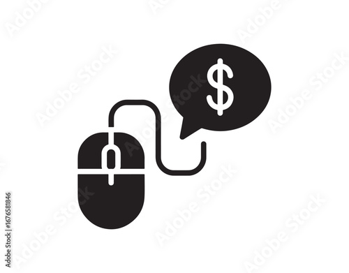 A single computer mouse attached to a dollar sign speech bubble
