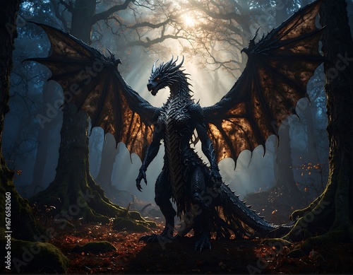 Majestic Dragon in Dark Forest, Fantasy Creature, Wings, Scales.
