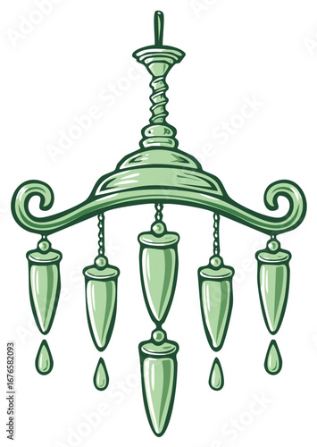 Green ornate decorative chandelier with teardrop accents and chain details